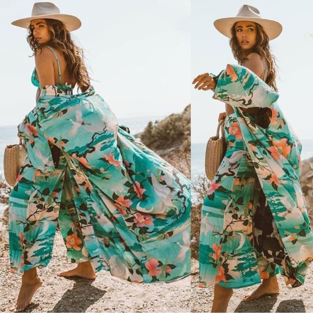 Floral Boho Chic Tropical Print Sheer Open Flowy Maxi Kimono Duster Top